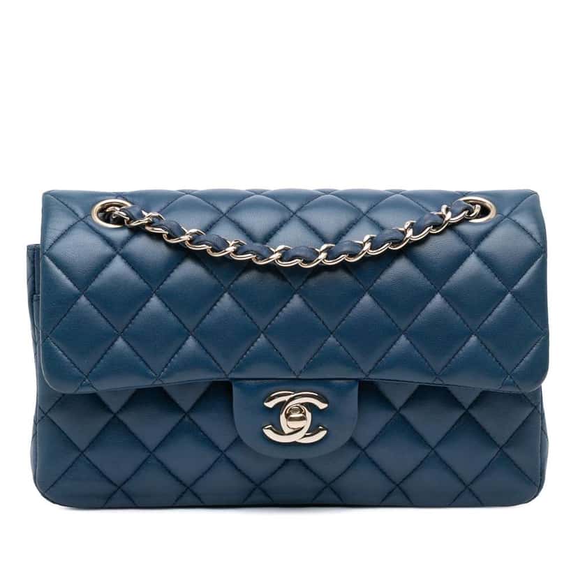 Chanel Small Classic Lambskin Double Flap Blue Leather Good condition - Front View
