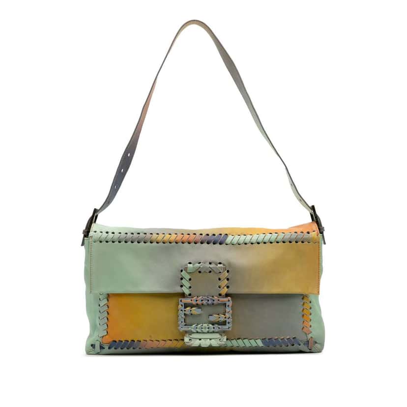 Fendi Large Multicolor Leather Whipstitch Baguette Crossbody Green Leather Good condition - Front View