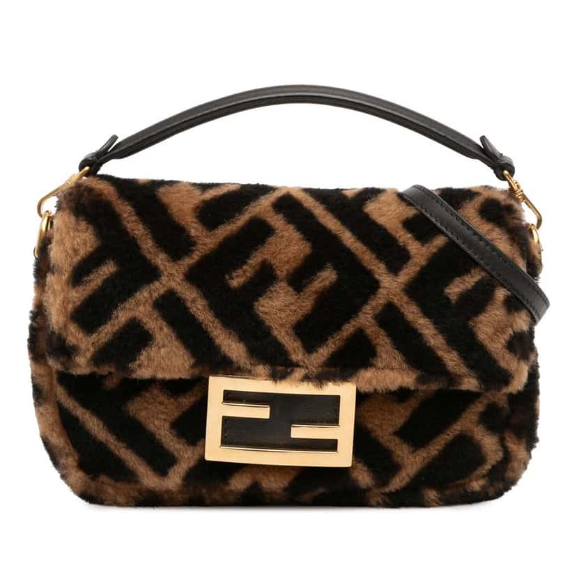 Fendi Mini Zucca Shearling Chain Baguette Satchel Brown Good condition - Front View