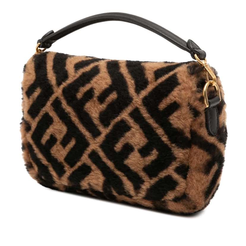 Fendi Mini Zucca Shearling Chain Baguette Satchel Brown Good condition - Back View