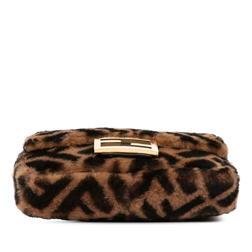 Fendi Mini Zucca Shearling Chain Baguette Satchel Brown Good condition - Inside View