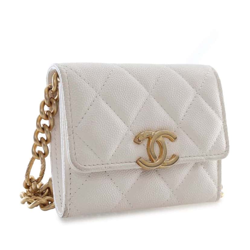 Chanel Quilted Caviar Card Holder on Chain White Leather Good condition - Back View