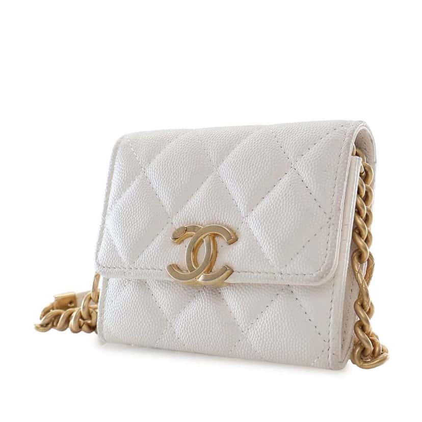 Chanel Quilted Caviar Card Holder on Chain White Leather Good condition - Inside View