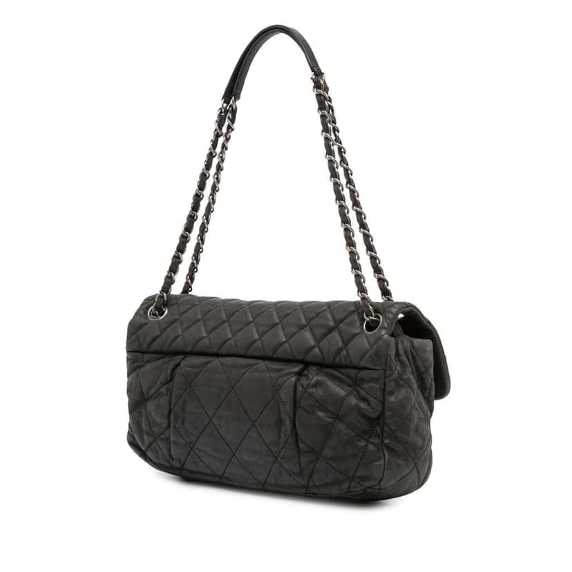 Chanel Large Iridescent Quilted Calfskin Coco Pleats Flap Black Leather Good condition - Back View