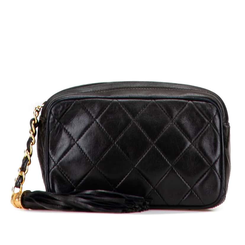 Chanel Quilted Lambskin Tassel Pouch Black Leather Good condition - Front View