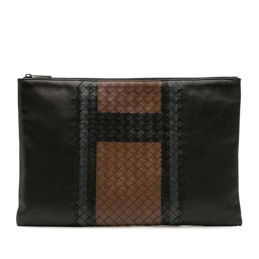 Bottega Veneta Intrecciato Trimmed Leather Clutch Black Leather Good condition - Front View