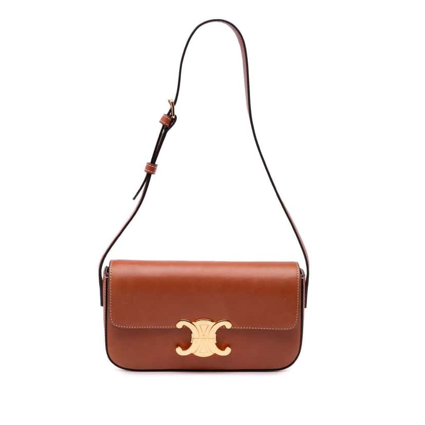 Celine Shiny Calfskin Claude Shoulder Bag Brown Leather Good condition - Front View