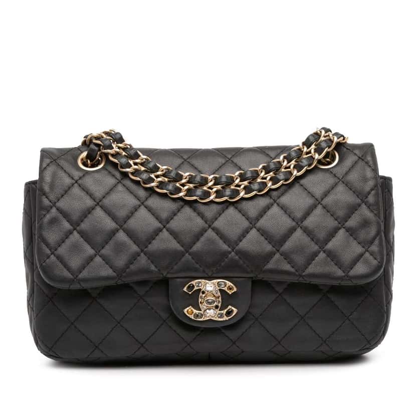 Chanel Medium Quilted Lambskin Precious Jewel Single Flap Black Leather Good condition - Front View
