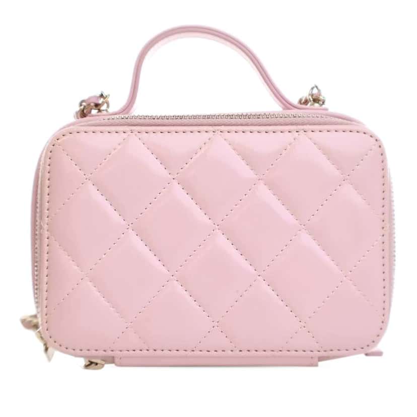 Chanel Mini CC Glazed Calfskin Double Zip Top Handle Vanity Case Pink Leather Good condition - Back View