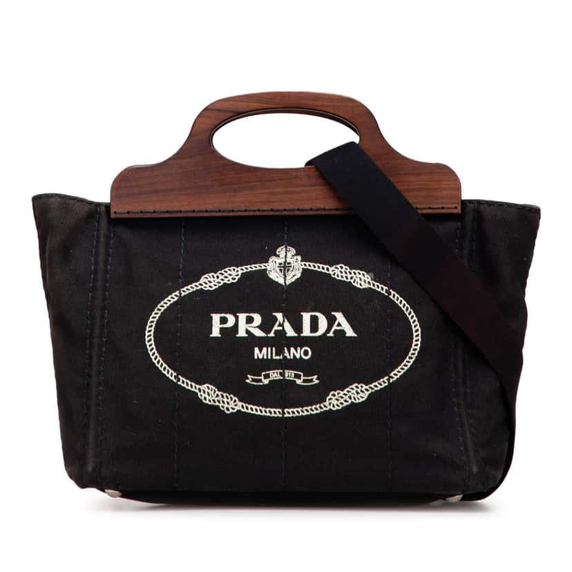 Prada Canvas Wood Handle Canapa Logo Satchel Black Canvas Good condition - Front View