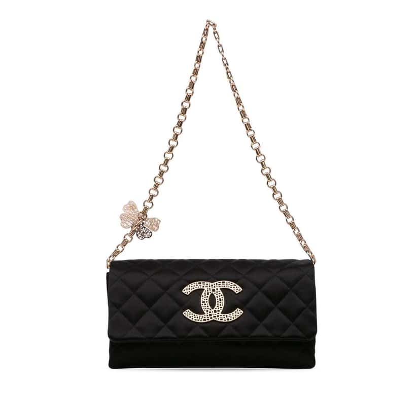 Chanel CC Quilted Satin Butterfly Chain Clutch Black Satin Good condition - Front View