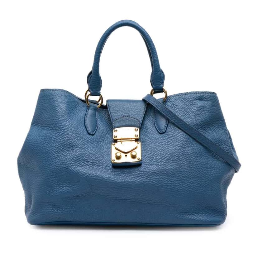 Miu Miu Pebbled Leather Convertible Tote Blue Leather Good condition - Front View
