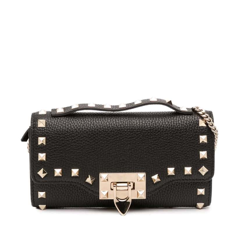 Valentino Pebbled Calfskin Rockstud Flip Lock Wallet On Chain Black Leather Good condition - Front View