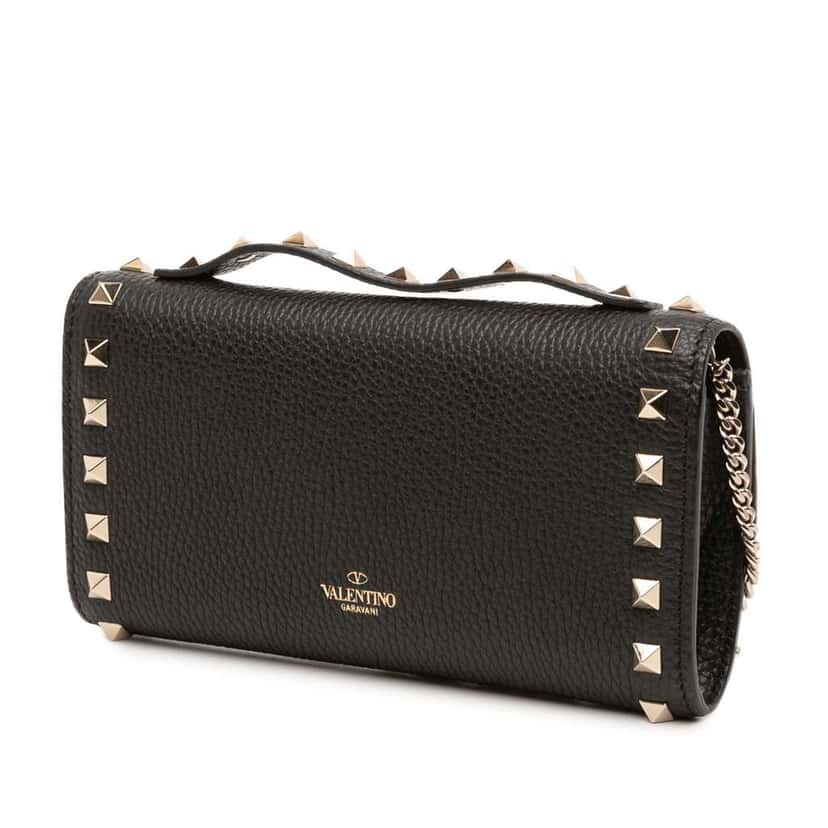 Valentino Pebbled Calfskin Rockstud Flip Lock Wallet On Chain Black Leather Good condition - Back View