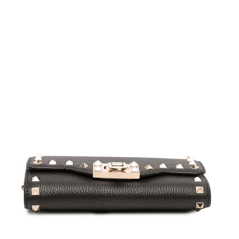 Valentino Pebbled Calfskin Rockstud Flip Lock Wallet On Chain Black Leather Good condition - Inside View