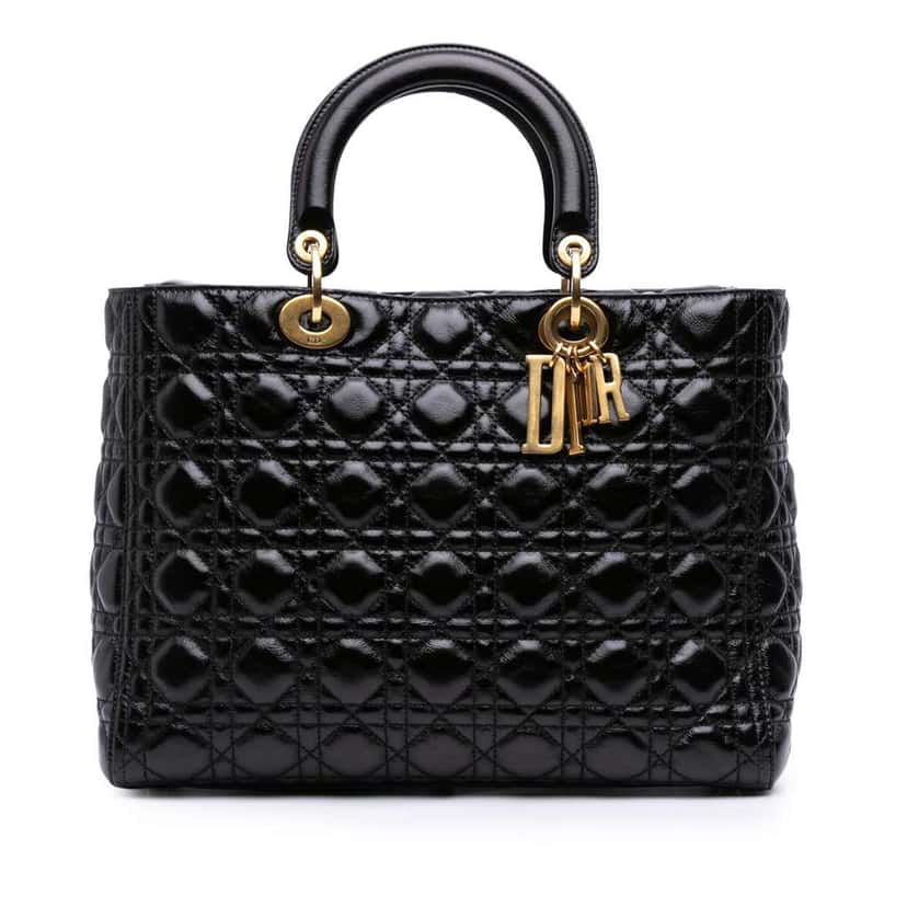 Dior Large Crinkled Patent Cannage Lady Dior Black Leather Good condition - Front View