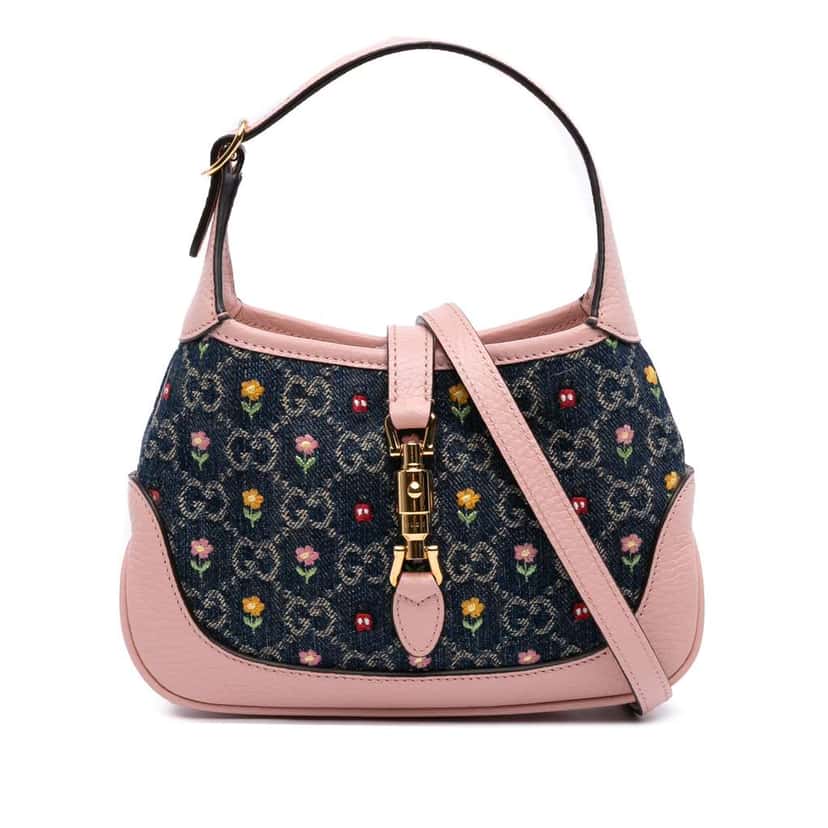Gucci Limited Edition Mini GG Denim Embroidered Floral Jackie 1961 Crossbody Blue Denim Good condition - Front View