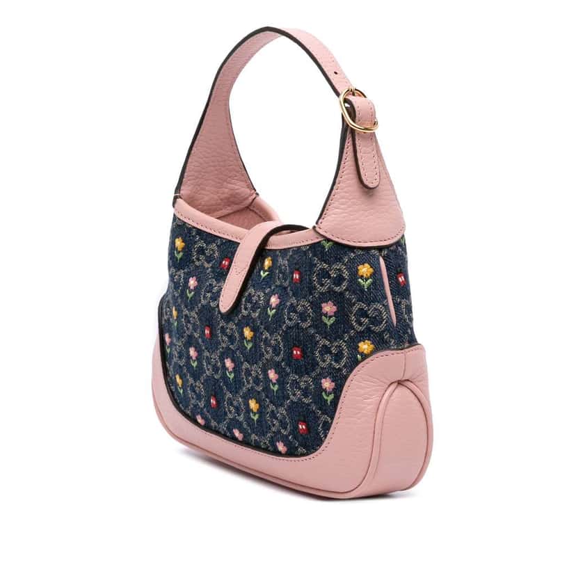 Gucci Limited Edition Mini GG Denim Embroidered Floral Jackie 1961 Crossbody Blue Denim Good condition - Back View