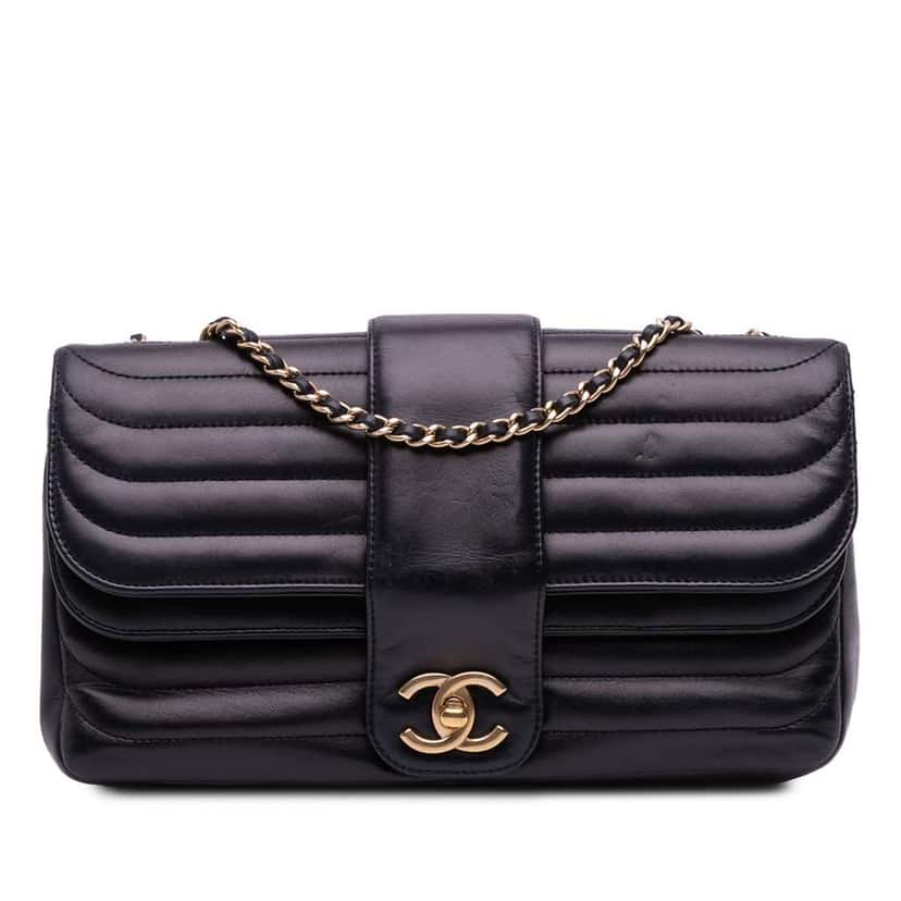 Chanel CC Horizontal Quilted Lambskin Double Flap Black Leather Fair condition - Front View