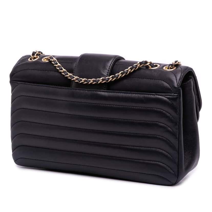 Chanel CC Horizontal Quilted Lambskin Double Flap Black Leather Fair condition - Back View