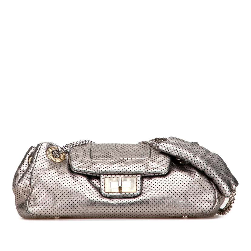 Chanel Metallic Perforated Calfskin Drill Accordion Flap Silver Leather Good condition - Front View