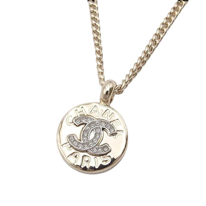 Chanel Gold Plated CC Rhinestones Round Pendant Necklace Gold Metal Good condition - Front View