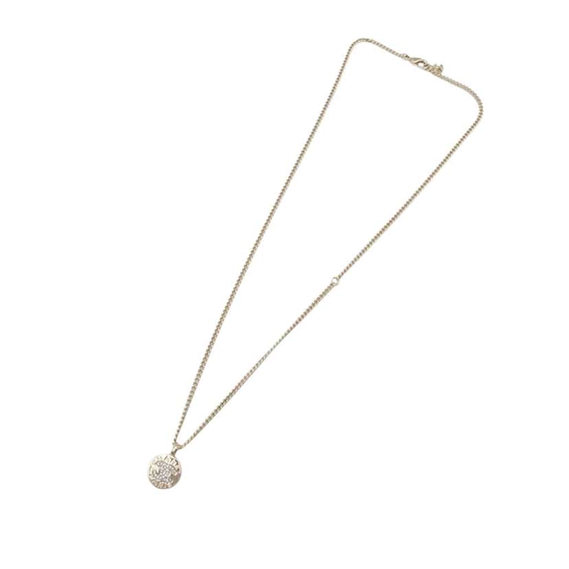 Chanel Gold Plated CC Rhinestones Round Pendant Necklace Gold Metal Good condition - Back View