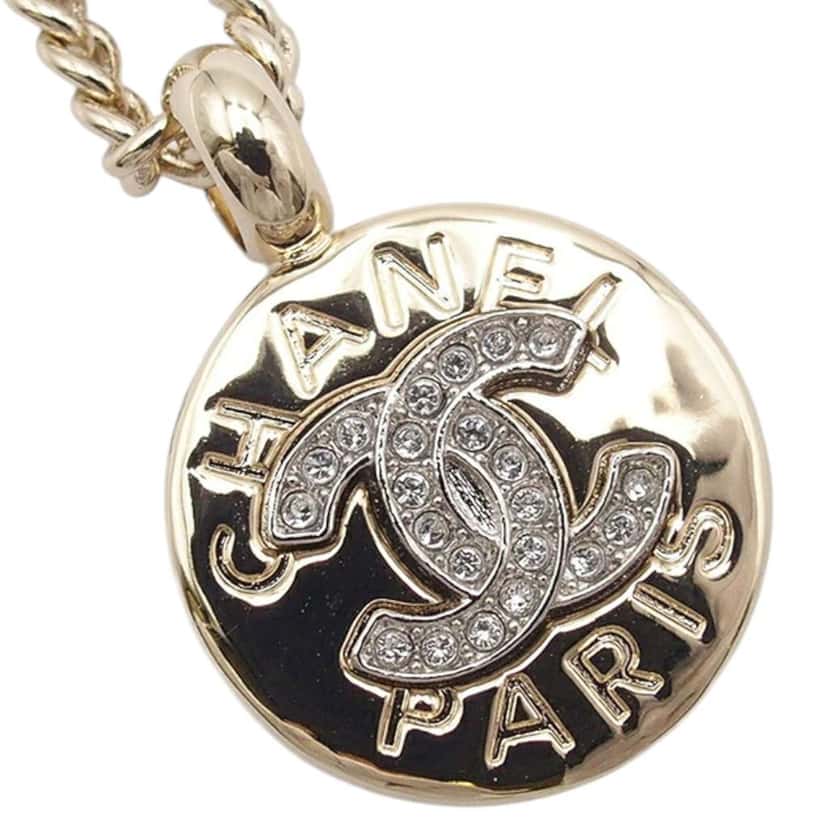 Chanel Gold Plated CC Rhinestones Round Pendant Necklace Gold Metal Good condition - Inside View