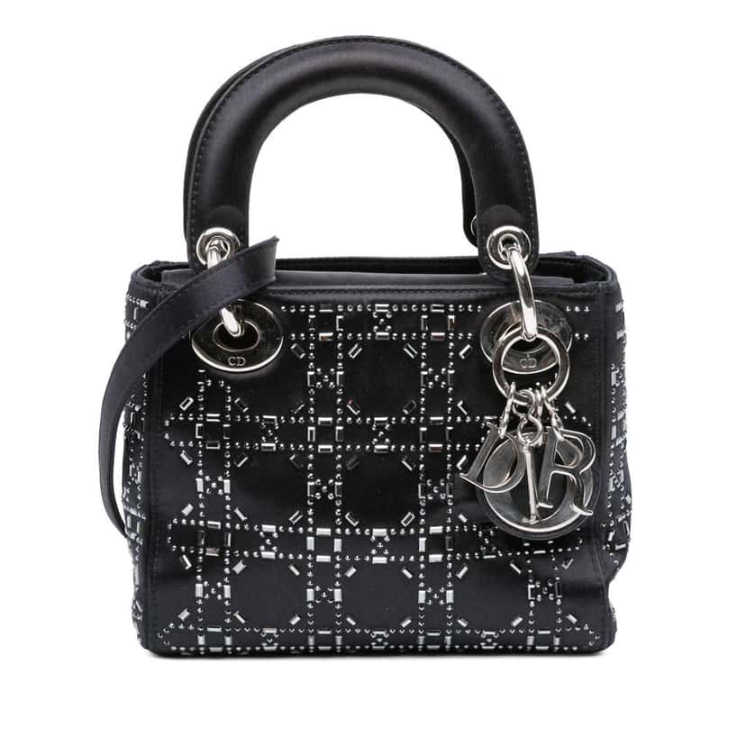 Dior Mini Satin Cannage Strass Crystal Embellished Lady Dior Black Satin Good condition - Front View