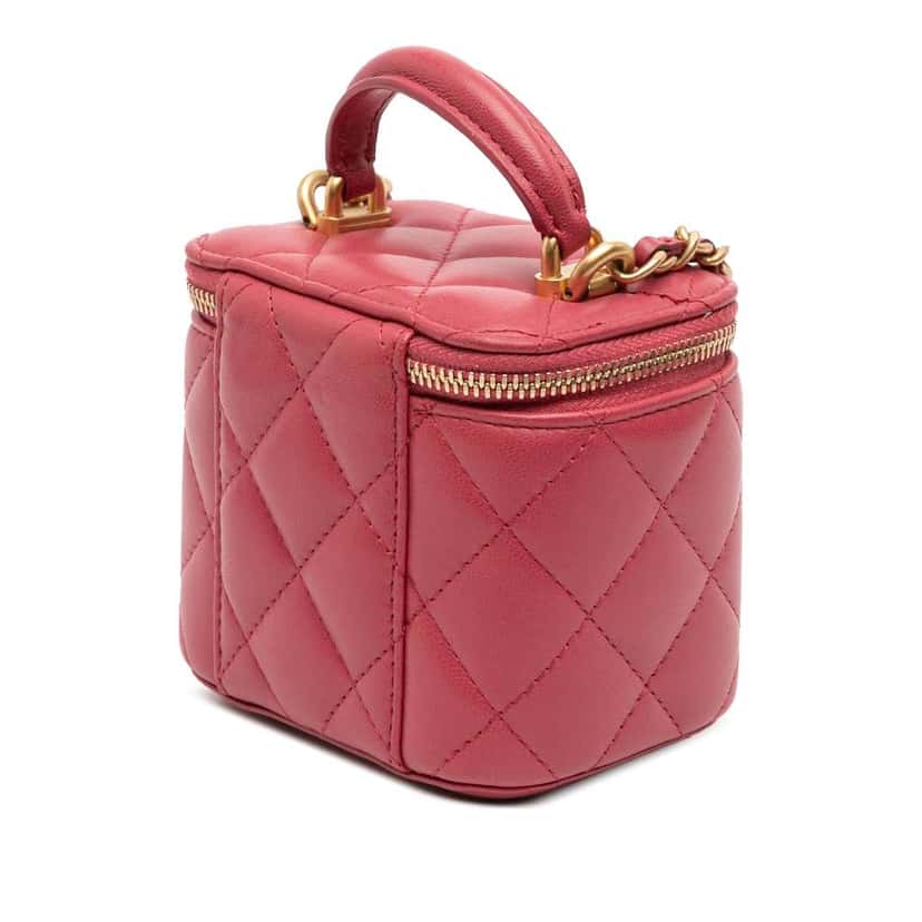 Chanel Mini CC Quilted Lambskin Top Handle Vanity Case With Chain Red Leather Good condition - Back View