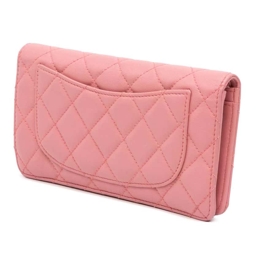 Chanel CC Quilted Lambskin Bifold Long Wallet Pink Leather Fair condition - Back View