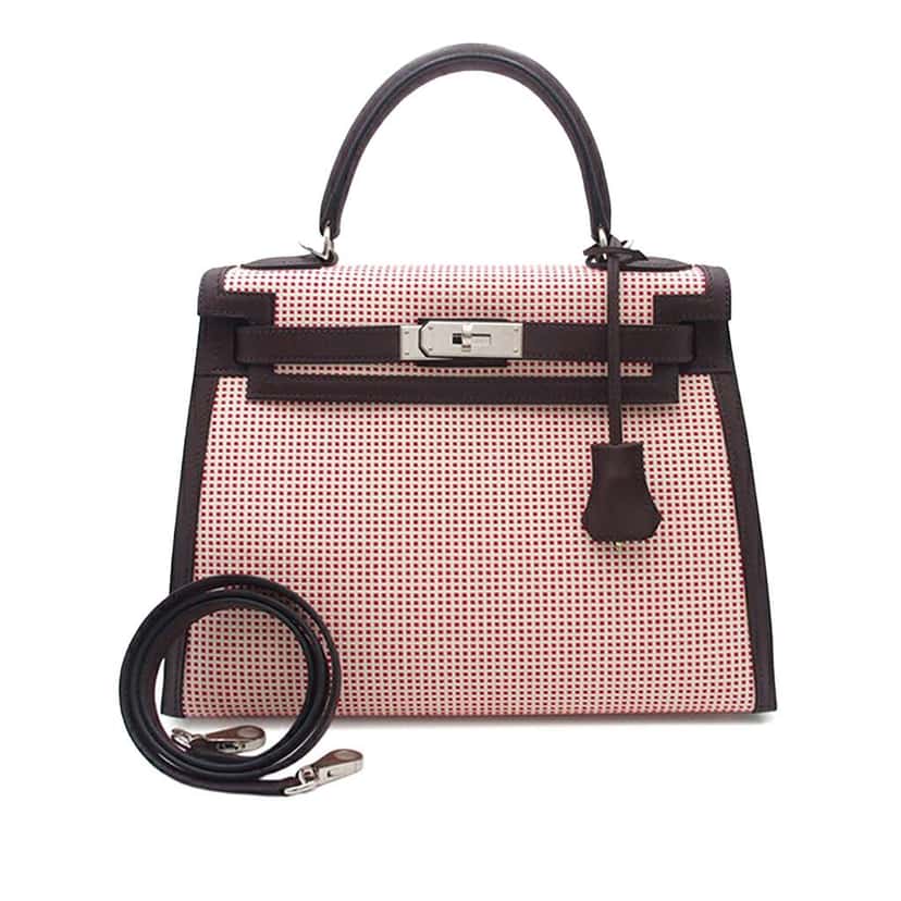 Hermès Toile Quadrille and Swift Kelly II Sellier 28 Red Canvas Good condition - Front View