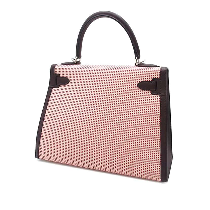 Hermès Toile Quadrille and Swift Kelly II Sellier 28 Red Canvas Good condition - Back View