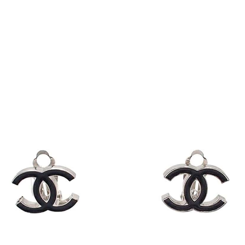 Chanel Silver Plated Enamel CC Clip on Earrings Black Good condition - Front View