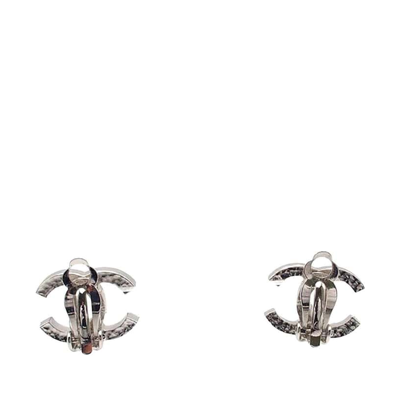 Chanel Silver Plated Enamel CC Clip on Earrings Black Good condition - Back View