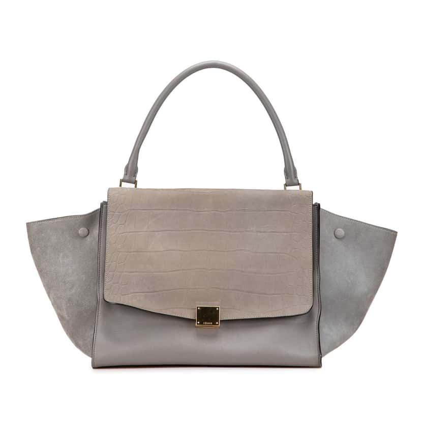 Celine Large Croc Embossed Nubuck and Calfskin Trapeze Satchel Grey Leather Good condition - Front View