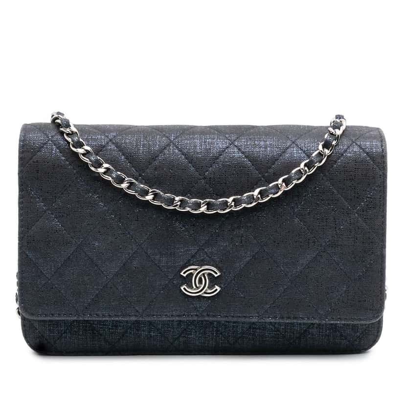 Chanel CC Quilted Metallic Fabric Wallet On Chain Blue Polyester Good condition - Front View