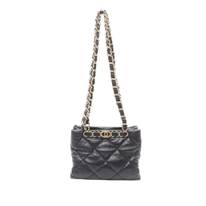 Chanel CC Quilted Lambskin Chain Shopping Bag Black Leather Good condition - Front View