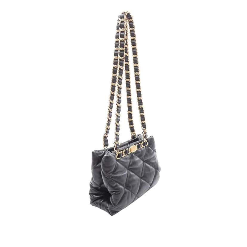 Chanel CC Quilted Lambskin Chain Shopping Bag Black Leather Good condition - Back View