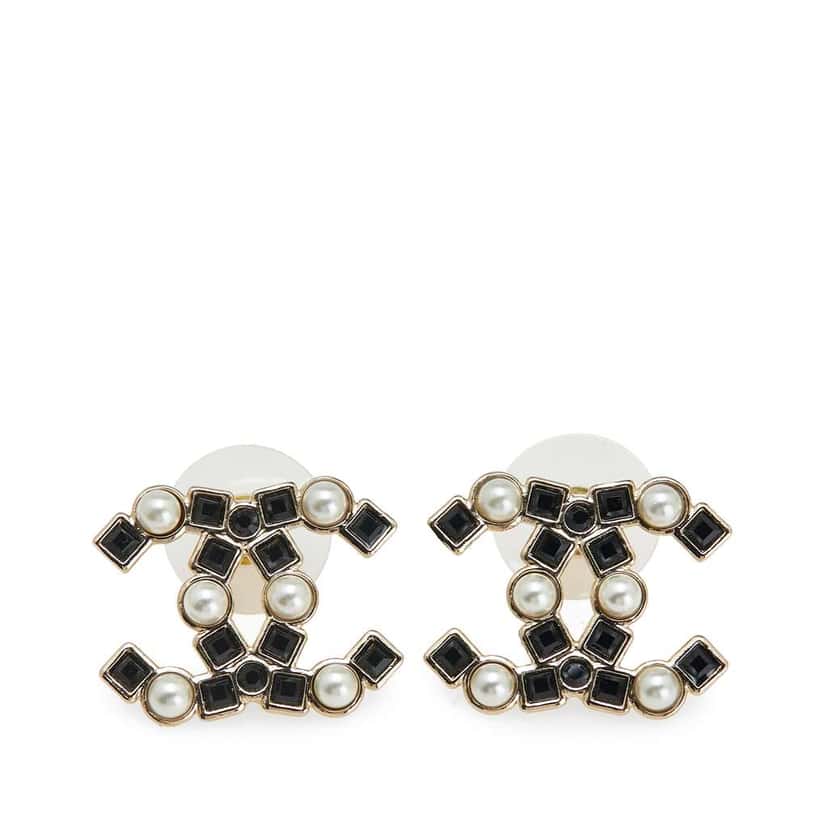 Chanel CC Gold Plated Crystals & Faux Pearls Stud Earrings Gold Metal Good condition - Front View