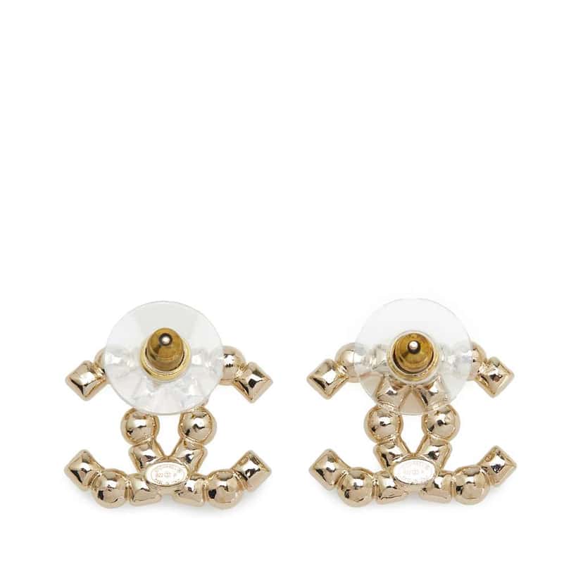 Chanel CC Gold Plated Crystals & Faux Pearls Stud Earrings Gold Metal Good condition - Back View