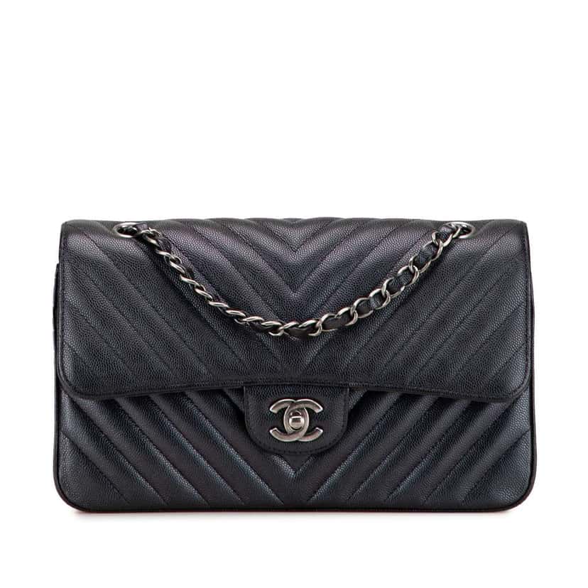 Chanel Medium Classic Chevron Caviar Double Flap Black Leather Very good condition - Front View