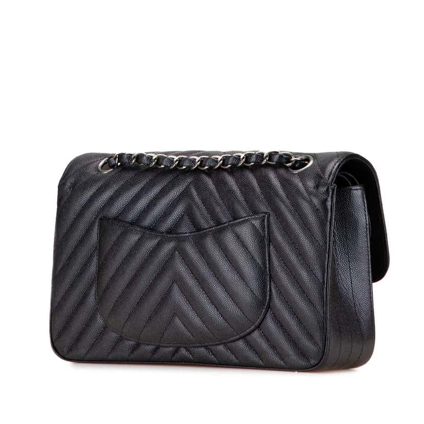 Chanel Medium Classic Chevron Caviar Double Flap Black Leather Very good condition - Back View