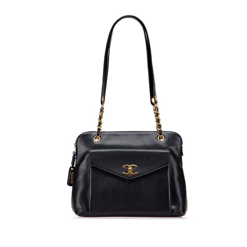 Chanel Caviar Front Pocket Chain Tote Black Leather Good condition - Front View