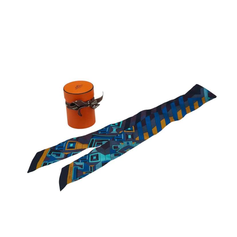 Hermès Le Fil d'Ariane Silk Twilly Scarf Blue Silk Very good condition - Box View