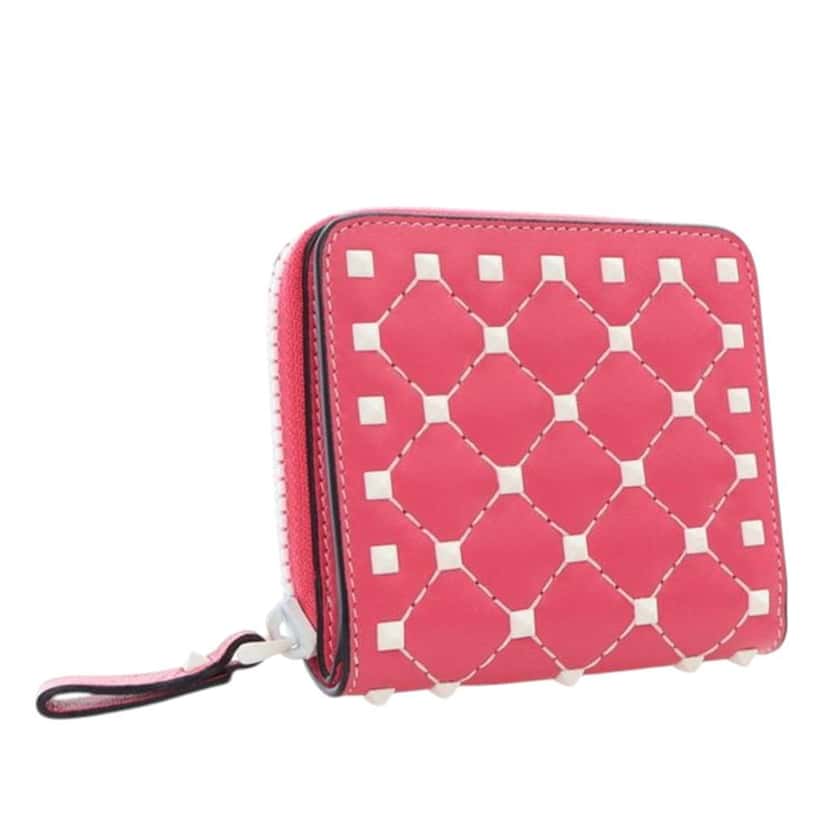 Valentino Lambskin Free Rockstud Spike Compact Zip Around Wallet Pink Leather Good condition - Back View
