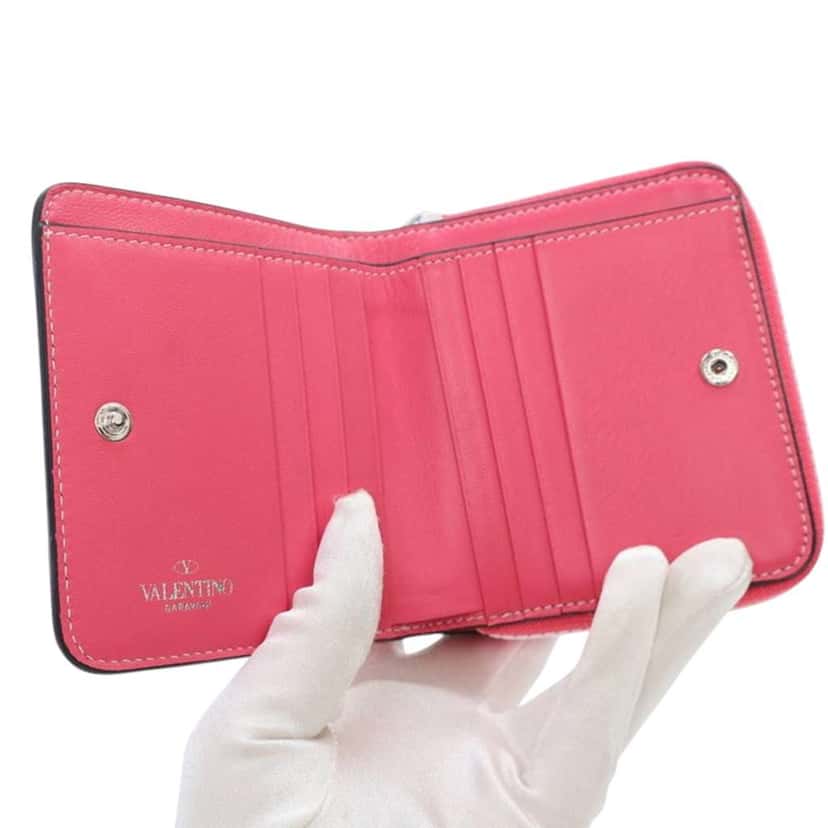 Valentino Lambskin Free Rockstud Spike Compact Zip Around Wallet Pink Leather Good condition - Box View