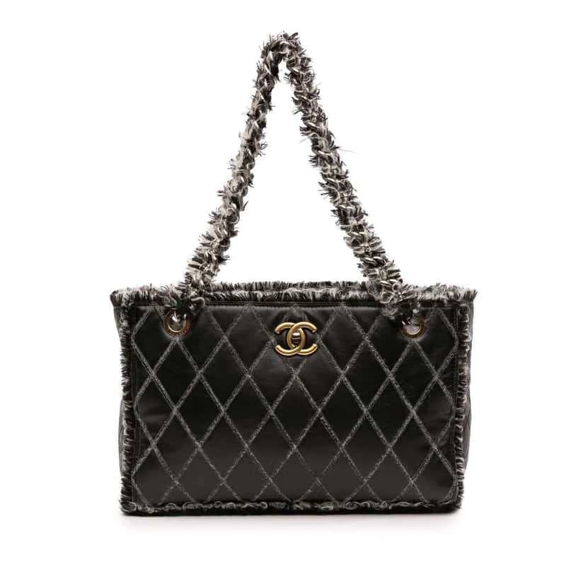 Chanel CC Quilted Calfskin Tweedy Shopping Tote Black Leather Good condition - Front View