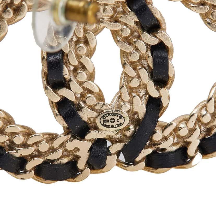 Chanel Gold Plated CC Leather  Woven and Strass Drop Push Back Earrings Gold Metal Good condition - Inside View