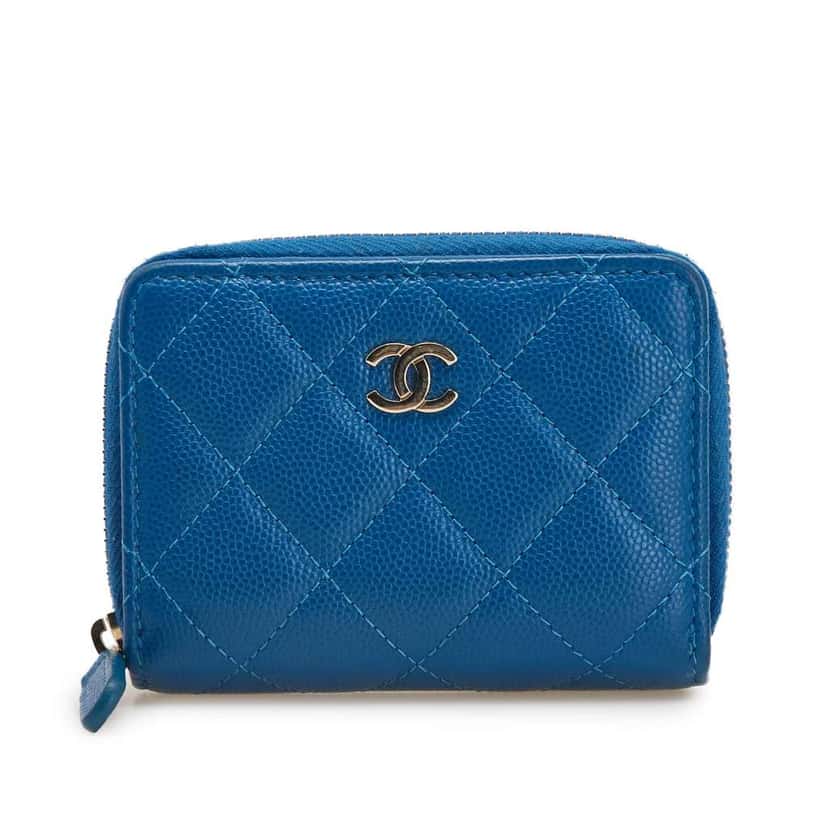 Chanel CC Quilted Caviar Zip Coin Purse Blue Leather Good condition - Front View